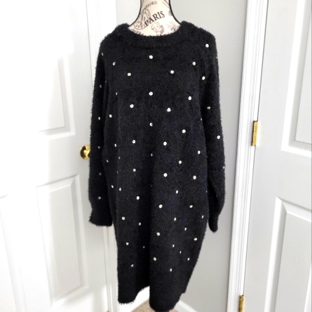 Elegant Black Sweater Dress with Rhinestone Accents